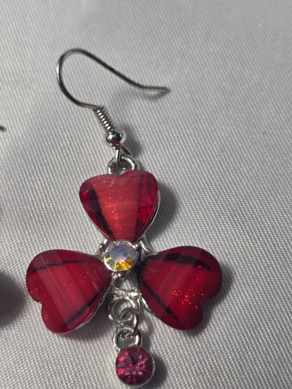 Red Floral Silver Tone Dangle Earrings with a Pink Dangle Charm French Wire